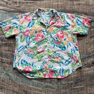 Vintage 90s Venezia White Floral Bright Hawaiian Button Up Short Sleeve Shirt XL